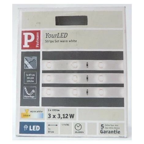 Promo ✔️ Bandeau LED 3x3.12W Flexible Blanc Chaud 3000K (kit De 3 X 970mm) 3x195lm Alim 12V (non Incl) 120° Stripe Pack PAULMANN 70212 ???? 1 Promo ✔️ Bandeau LED 3x3.12W Flexible Blanc Chaud 3000K (kit De 3 X 970mm) 3x195lm Alim 12V (non Incl) 120° Stripe Pack PAULMANN 70212 ????